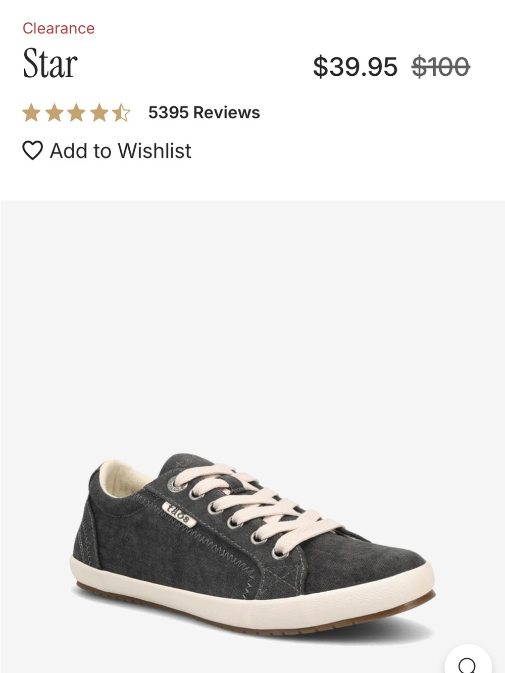 NWT Taos Star sneakers in charcoal wash canvas. SZ 9.5